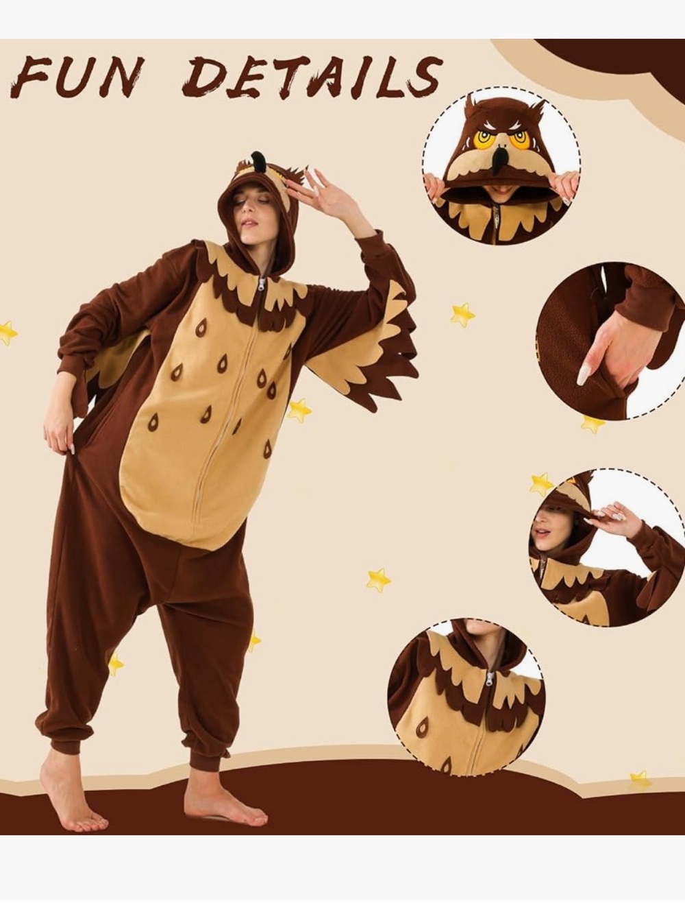 Halloween Brown Owl Adults Onesie - Cozy Hooded Jumpsuit - Picture 5 of 14